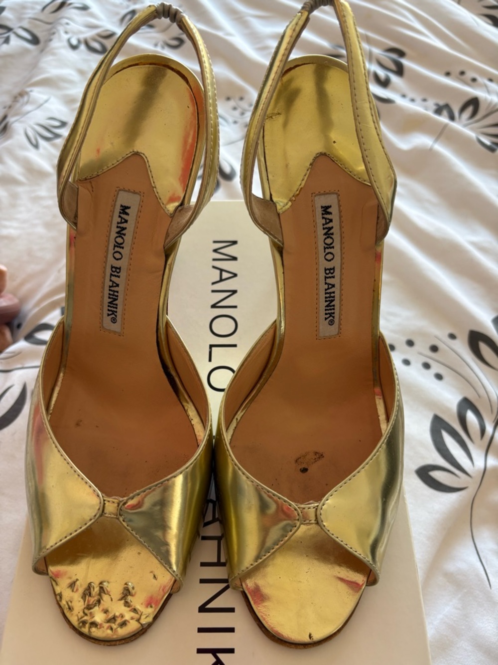 Manolo Blahnik Shiny Metallic Gold Slingback Peep-Toe Heels